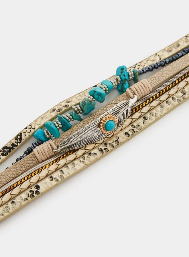 Styli Boho Chic Turquoise Feather Layered Bracelet
